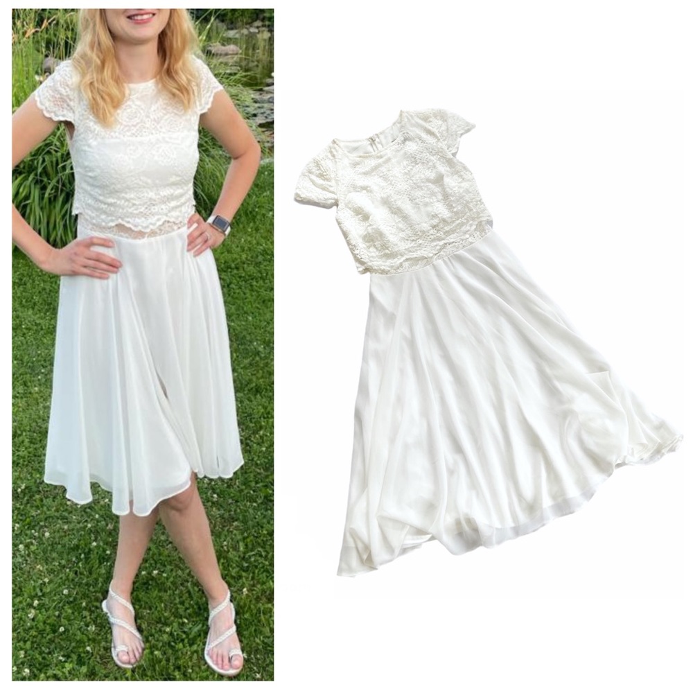 ASOS Off White Crop Top Floral Lace Scalloped Tulle Midi Bridal Event Dress 4